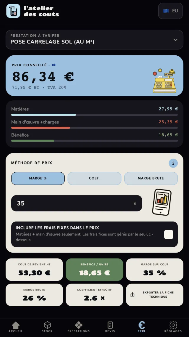 Calcul du prix d'une pose de carrelage au m² : prix conseillé 86,34 €, répartition matériaux, main-d'œuvre et bénéfice