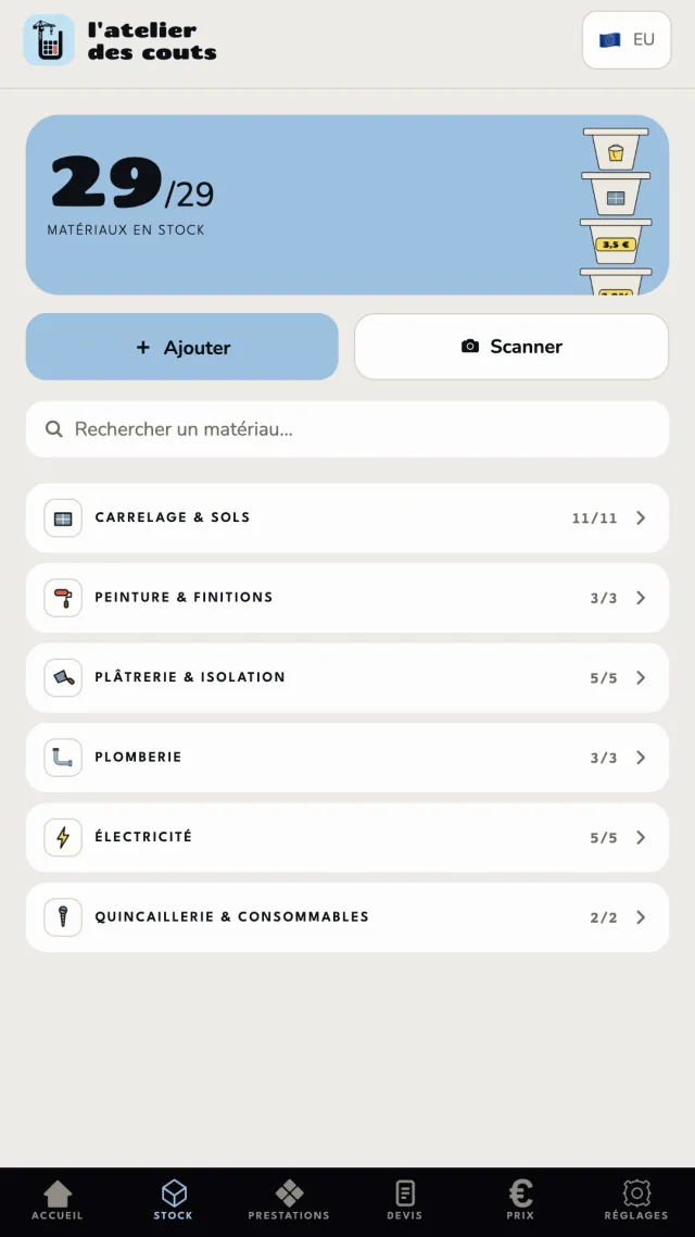 Stock de matériaux de chantier suivi avec prix d'achat à jour