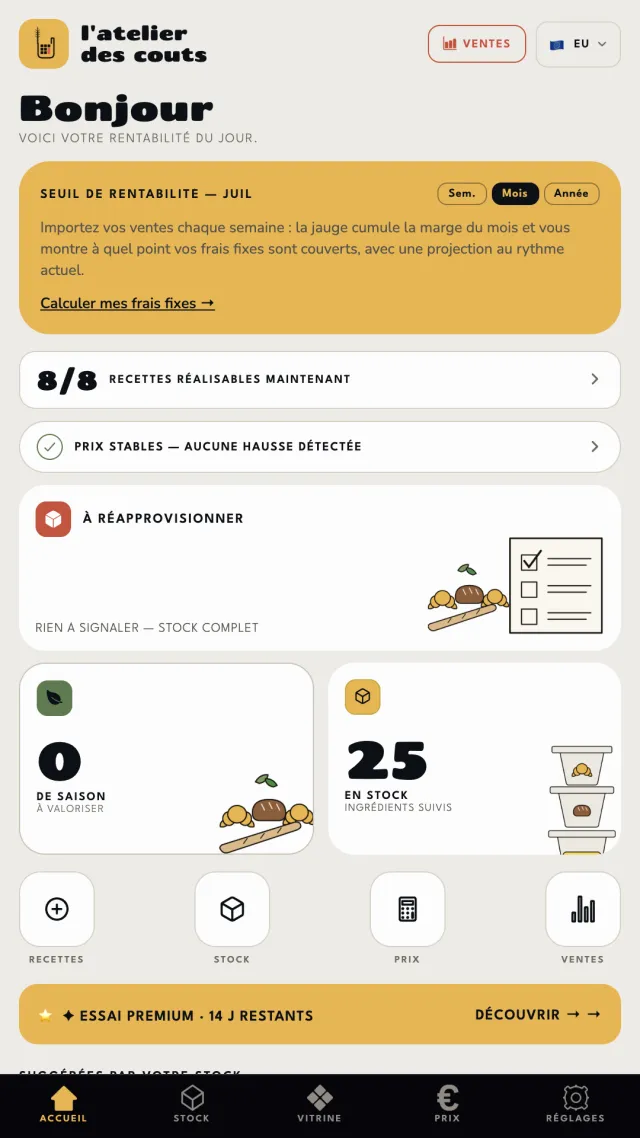 Tableau de bord de l'app coût matière boulangerie : seuil de rentabilité du mois, recettes réalisables, stock d'ingrédients