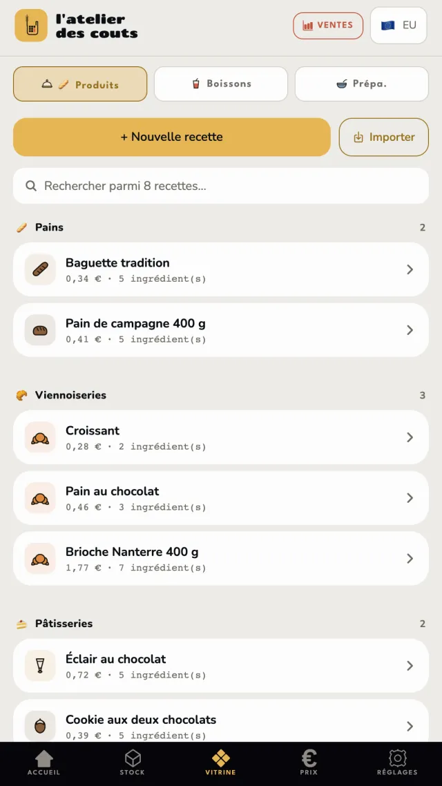 Vitrine de la boulangerie avec le coût matière par pièce : baguette tradition 0,34 €, croissant 0,28 €, éclair au chocolat 0,72 €