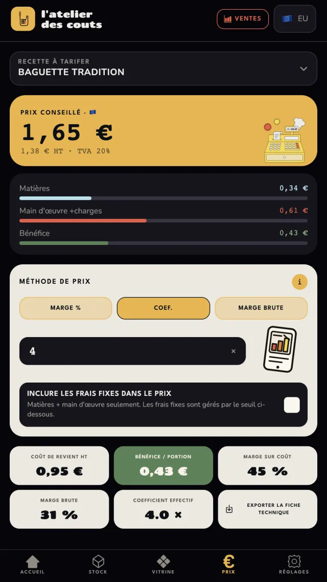 Calcul du prix de vente d'une recette de boulangerie : prix conseillé, répartition matières, main-d'œuvre et bénéfice
