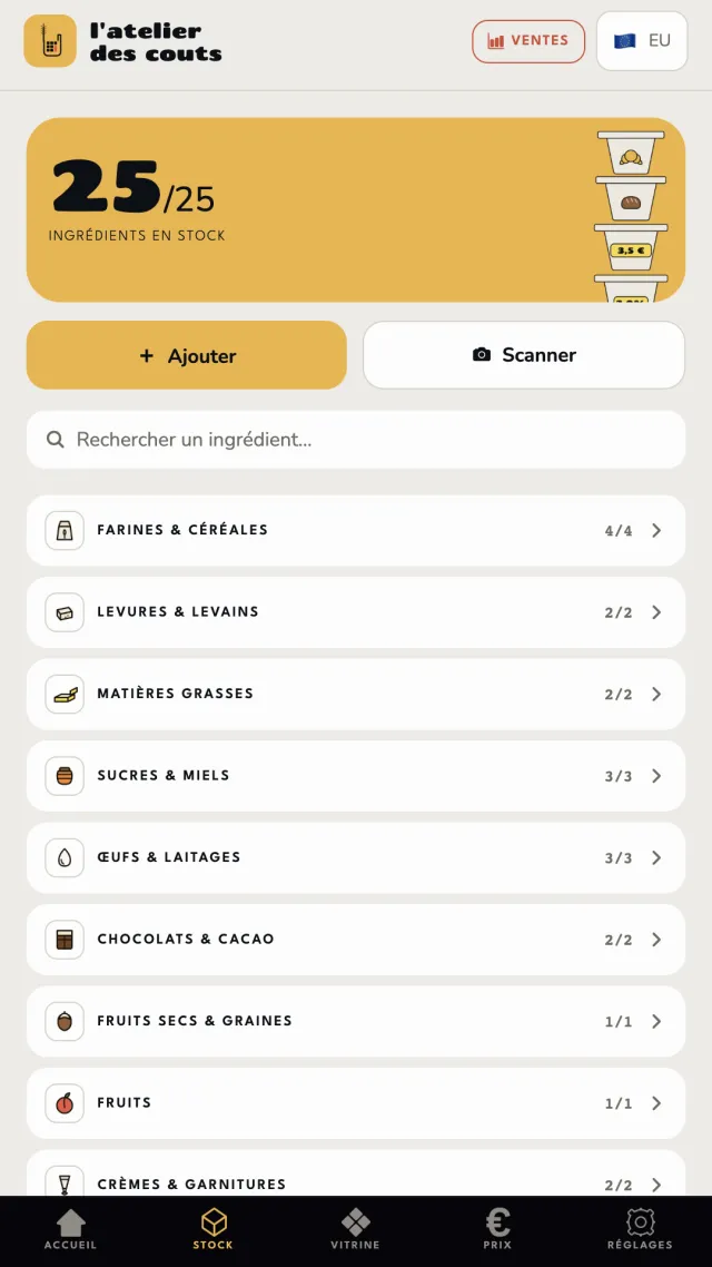 Stock d'ingrédients du fournil suivi avec prix d'achat à jour