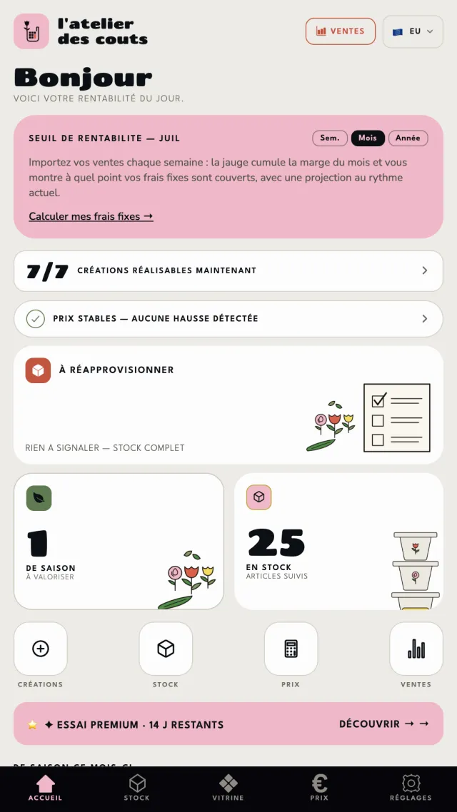 Tableau de bord de l'app fleuriste : seuil de rentabilité du mois, créations réalisables, stock de fleurs suivi