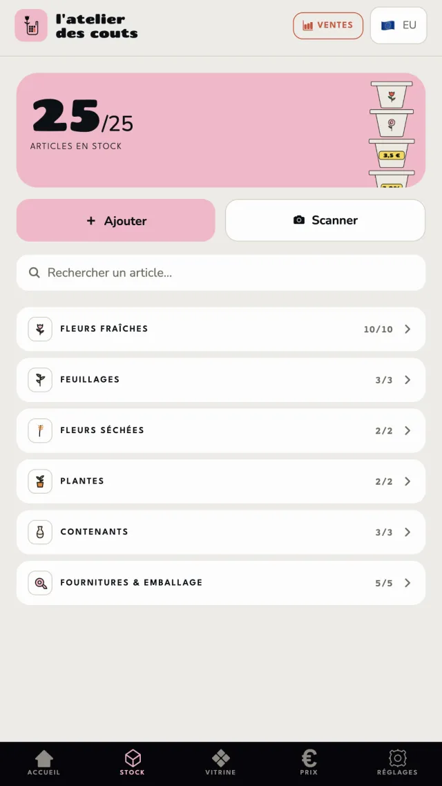 Stock de fleurs et fournitures suivi avec prix d'achat à jour