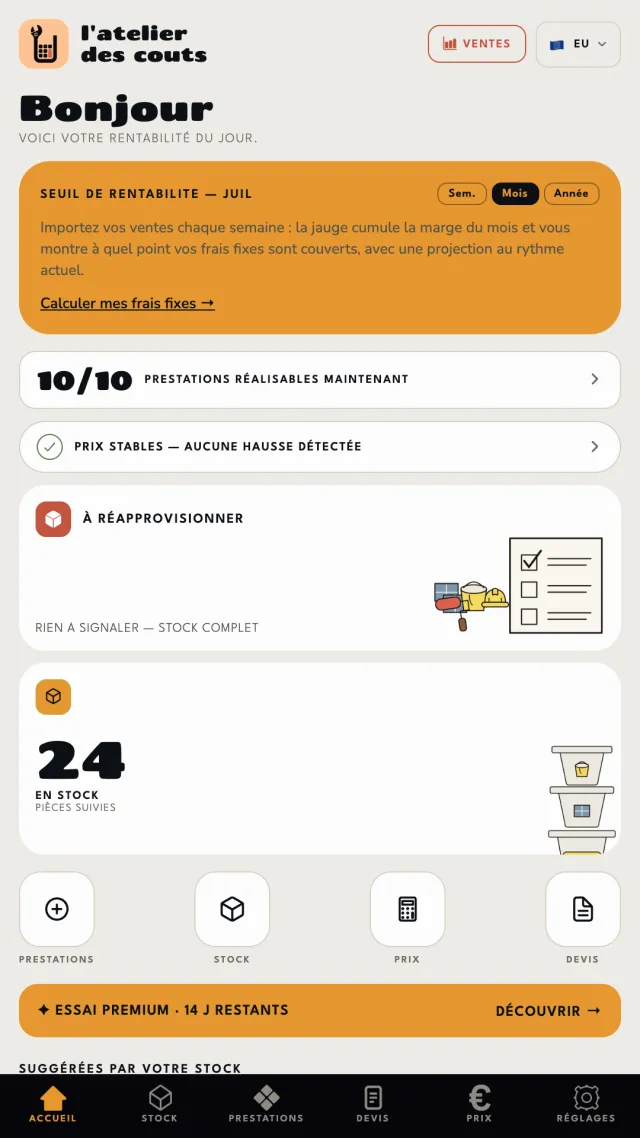 Tableau de bord de l'app de gestion garage : seuil de rentabilité du mois, prestations réalisables, stock de pièces suivi