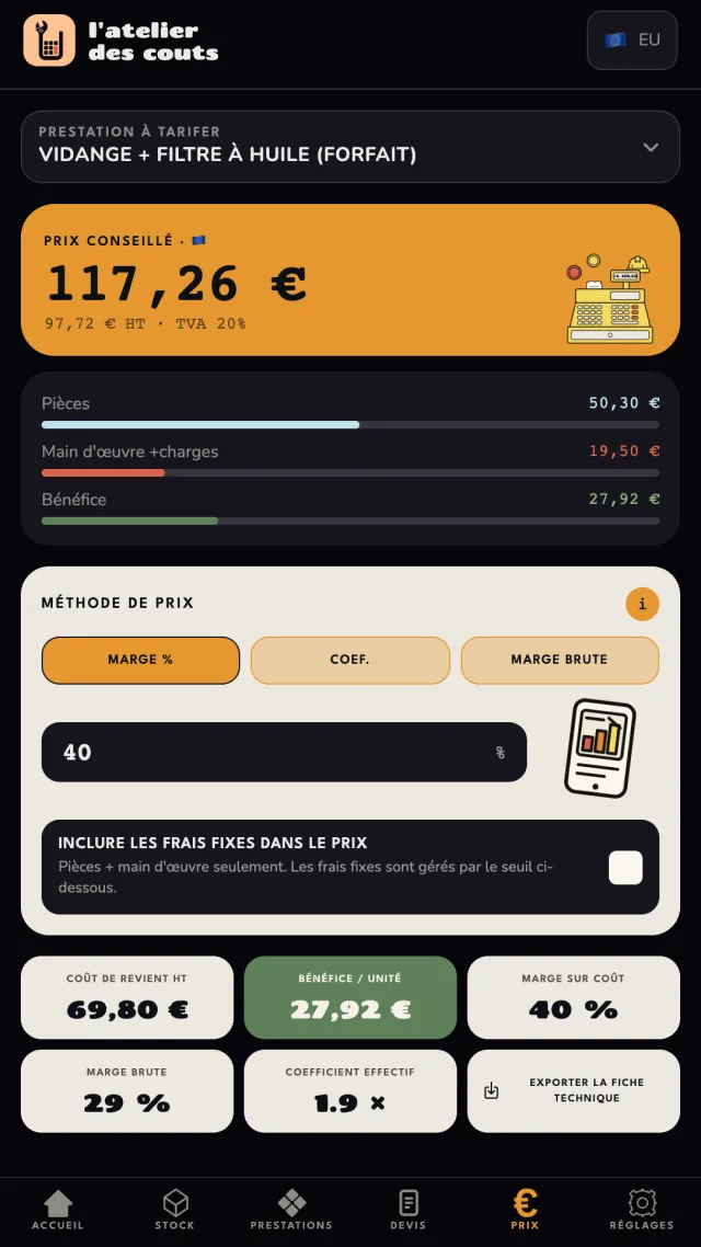 Calcul du prix d'un forfait vidange + filtre à huile : prix conseillé 117,26 €, répartition pièces, main-d'œuvre et bénéfice