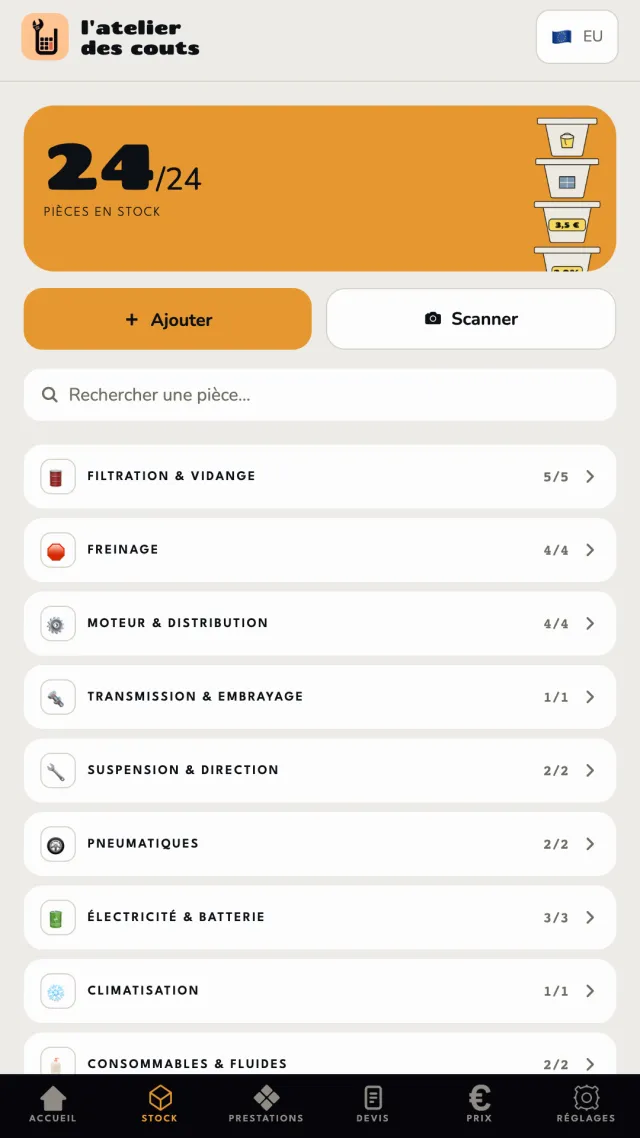 Stock de pièces détachées suivi avec prix d'achat à jour
