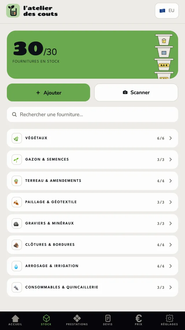 Stock de fournitures et végétaux suivi avec prix d'achat à jour