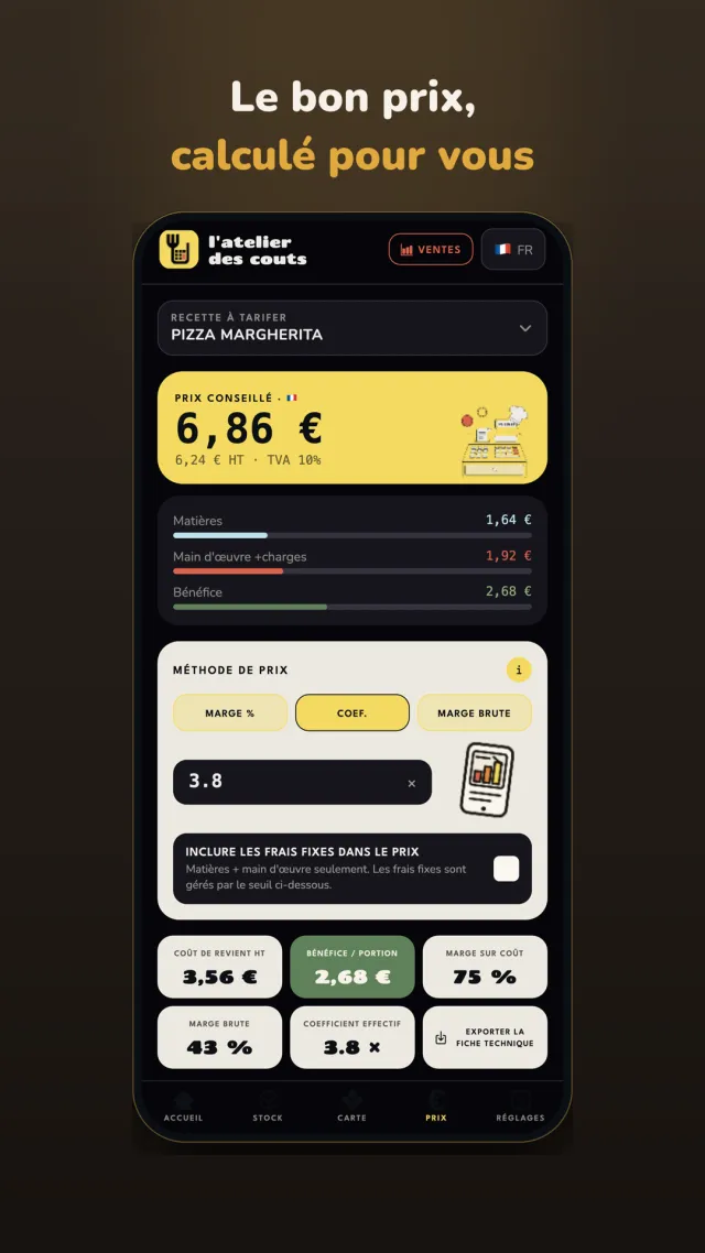 Calcul du prix de vente d'une pizza margherita : prix conseillé 6,86 €, répartition matières, main-d'œuvre et bénéfice